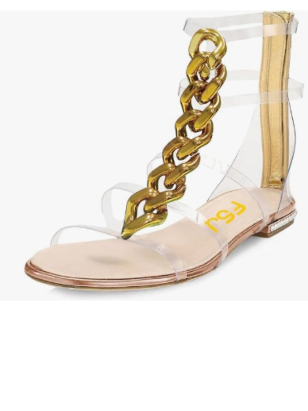 FSJ Gold Open Toe Clear Strap Gold Chain Sandals with Decorative Heel